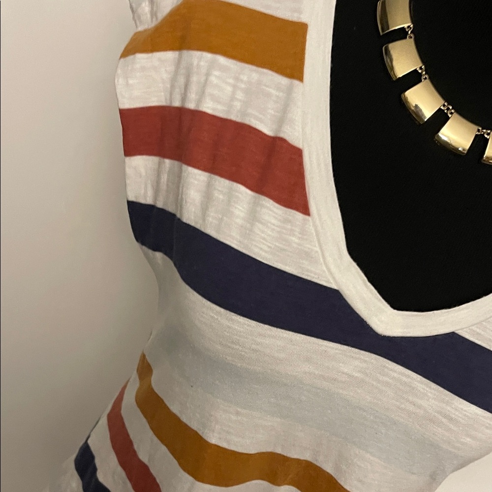 Striped V-Neck Short Sleeve Tee in White with Mustard, Rust & Navy - Picture 3 of 5